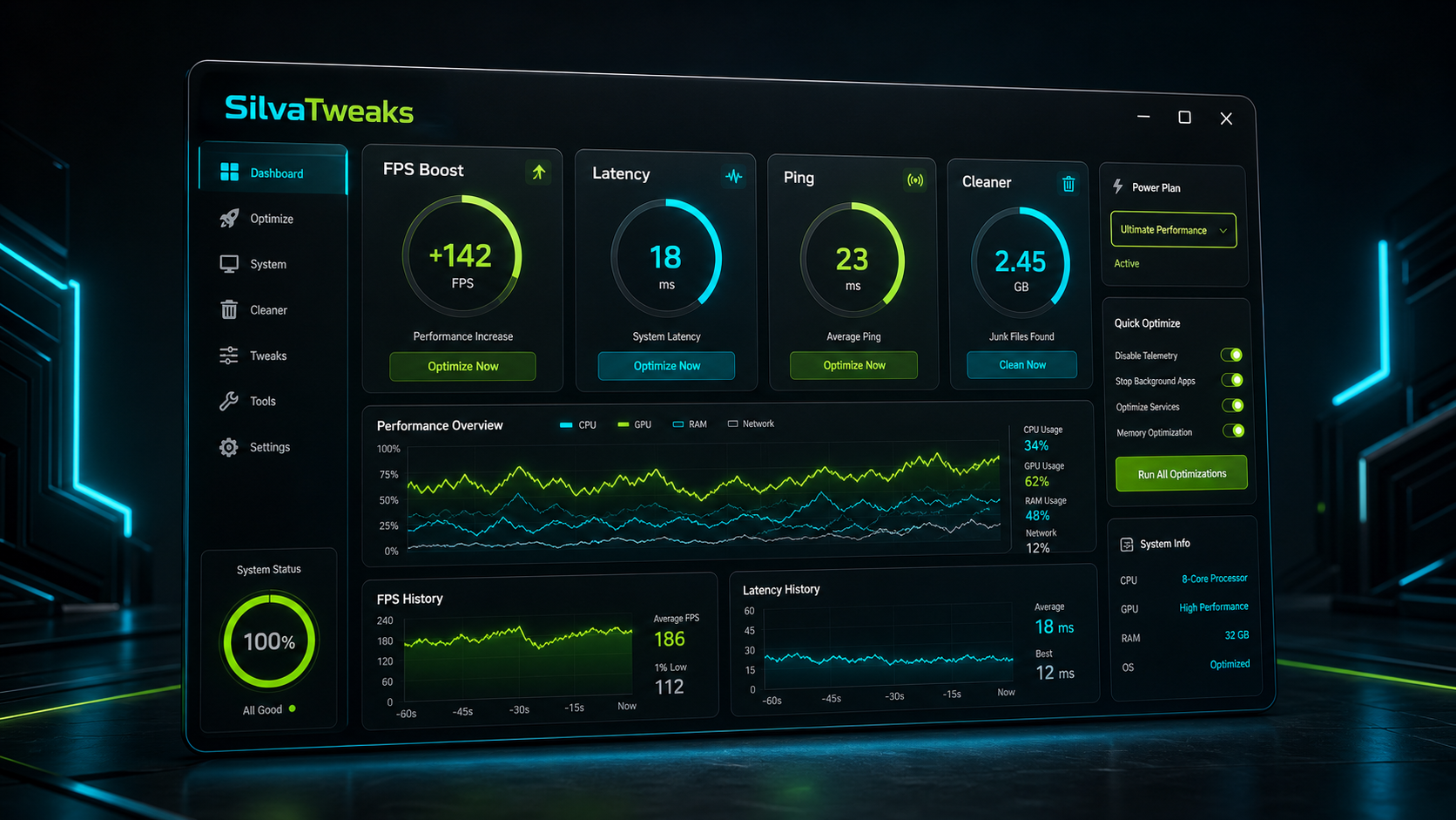 Tela do dashboard SilvaTweaks com cartões de FPS Boost, latência, ping, limpeza e gráficos de desempenho.